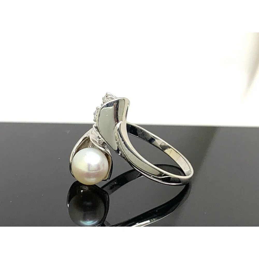 White Pearl 7mm Diamond Cocktail Ring 14k White Gold Estate Women's Size 8.25